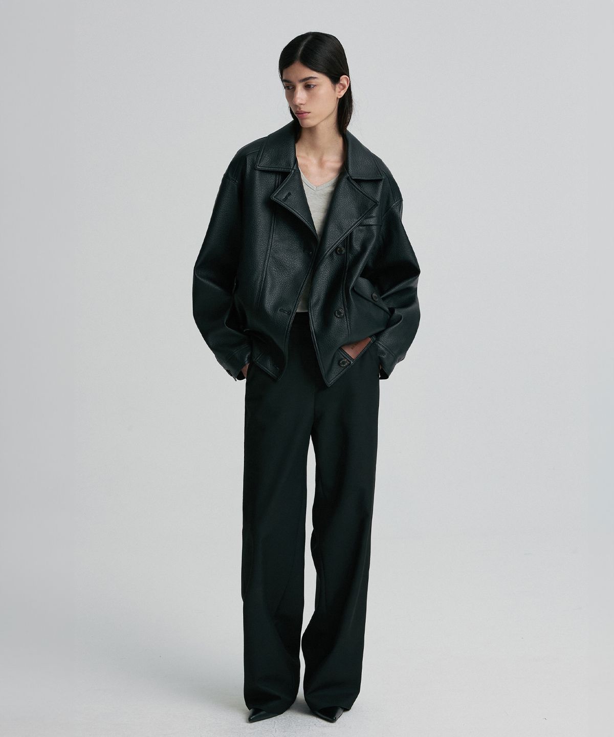 리이(RE RHEE) OVERSIZED LEATHER BOMBER JACKET BLACK