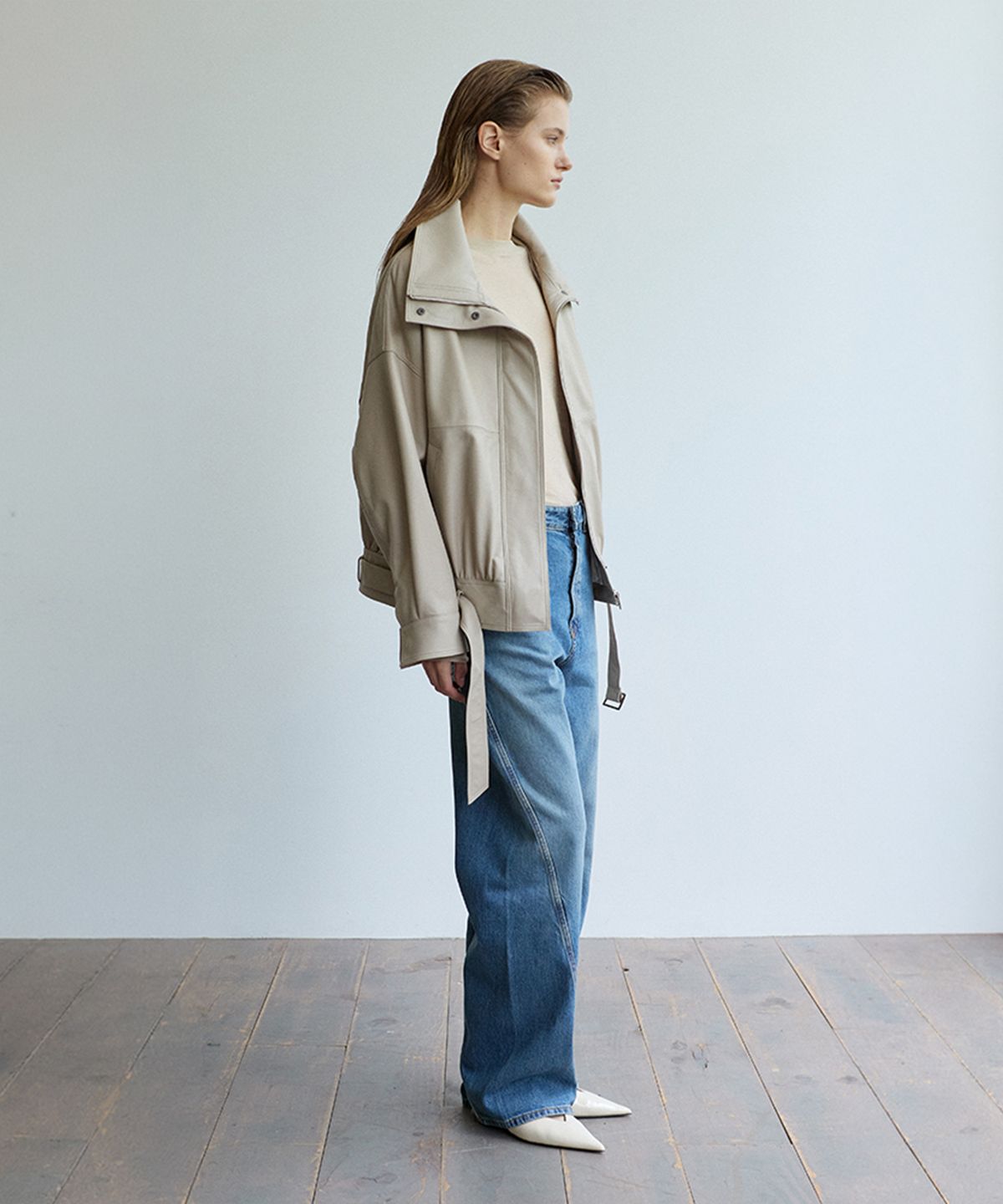 베르데마르(VERDEMAR) High-Neck Belted Leather Blouson_Cream