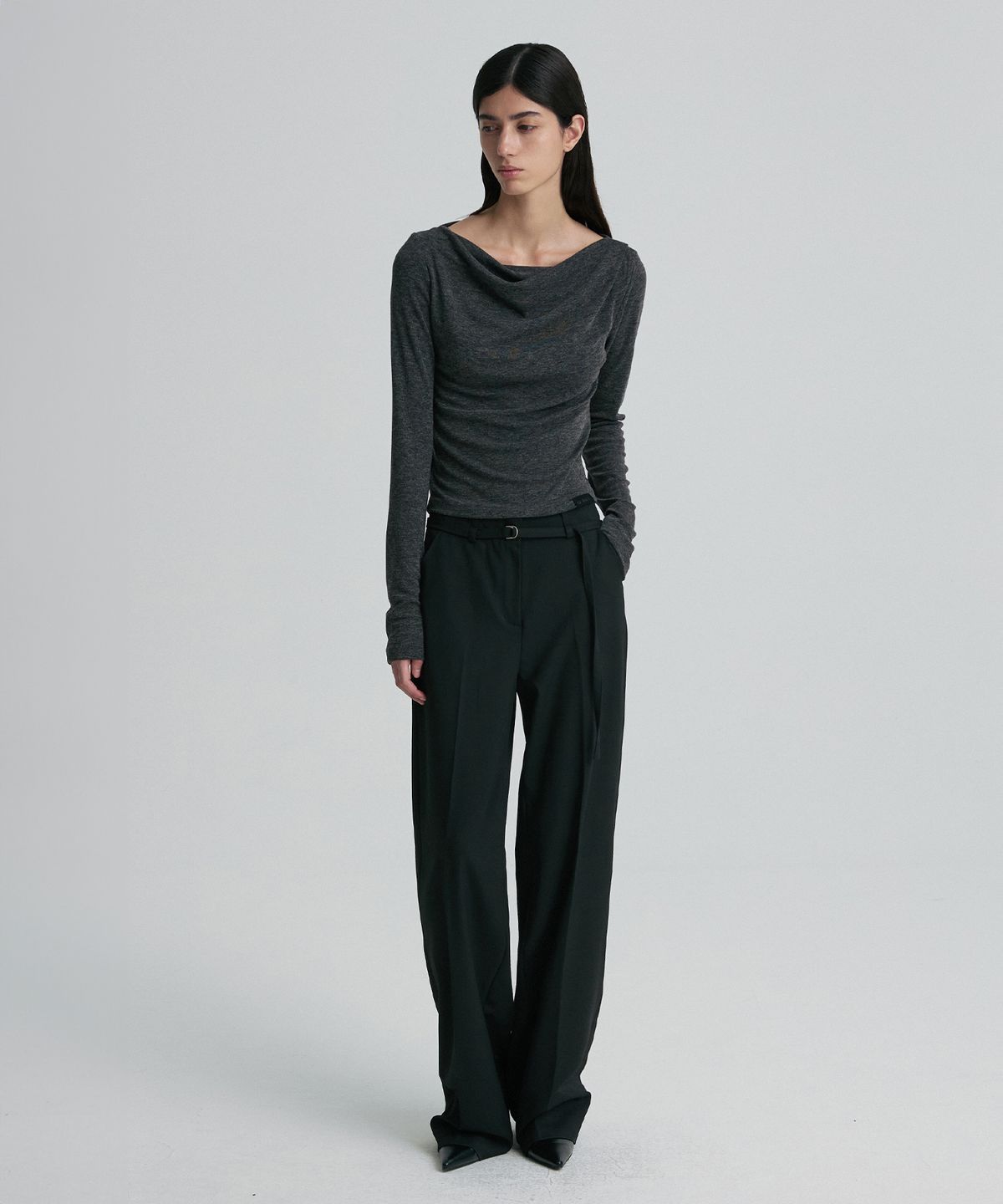 리이(RE RHEE) WOOL BLEND BELTED TROUSERS BLACK
