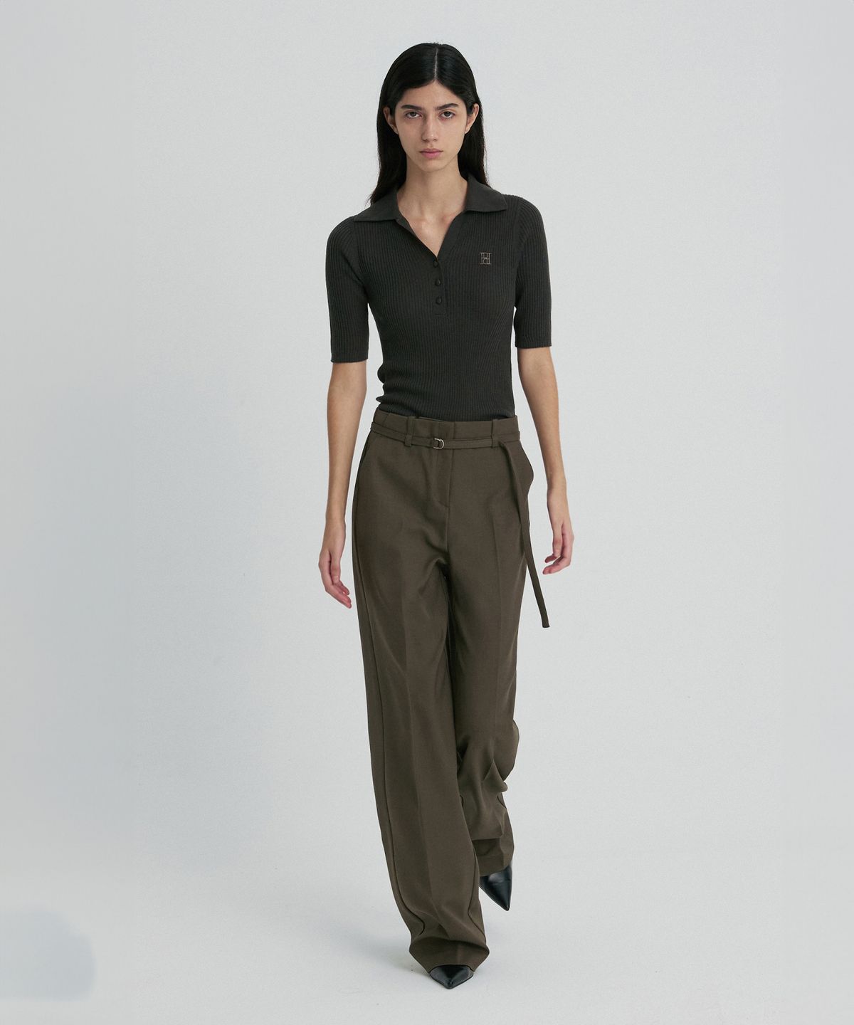리이(RE RHEE) WOOL BLEND BELTED TROUSERS KHAKI BROWN