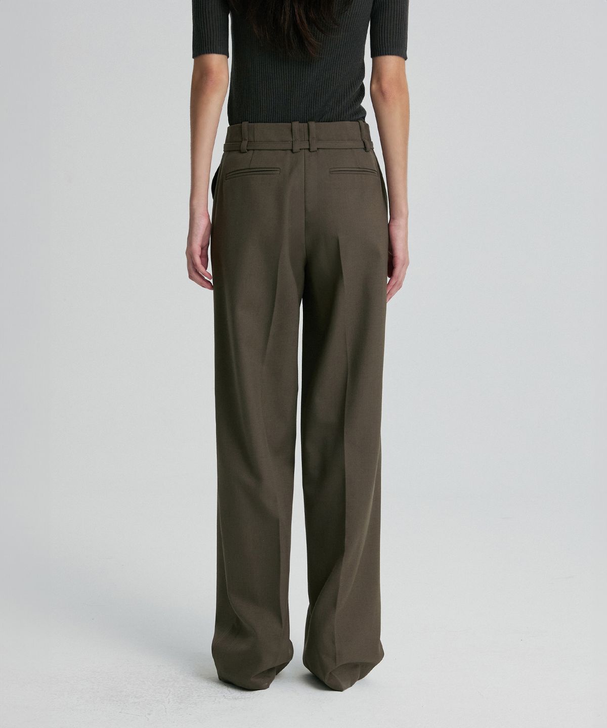 리이(RE RHEE) WOOL BLEND BELTED TROUSERS KHAKI BROWN
