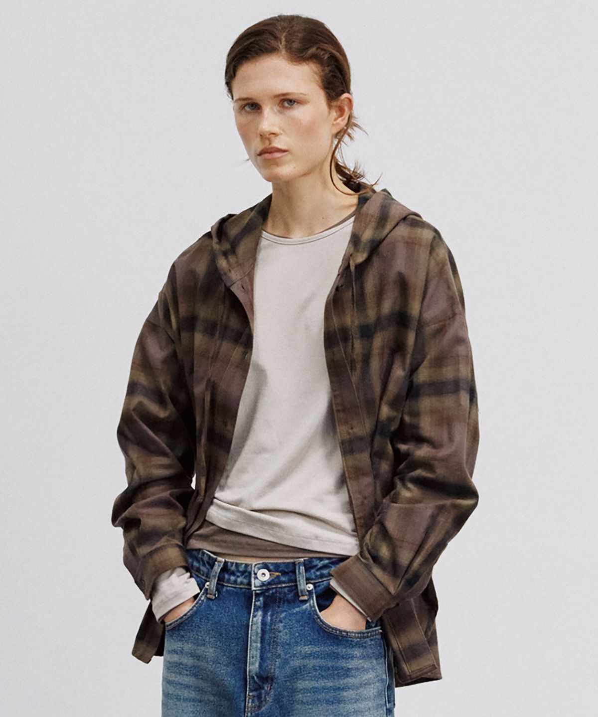 노우드(NOEUD) SH008 Blur Check Hooded Shirt (Brown)
