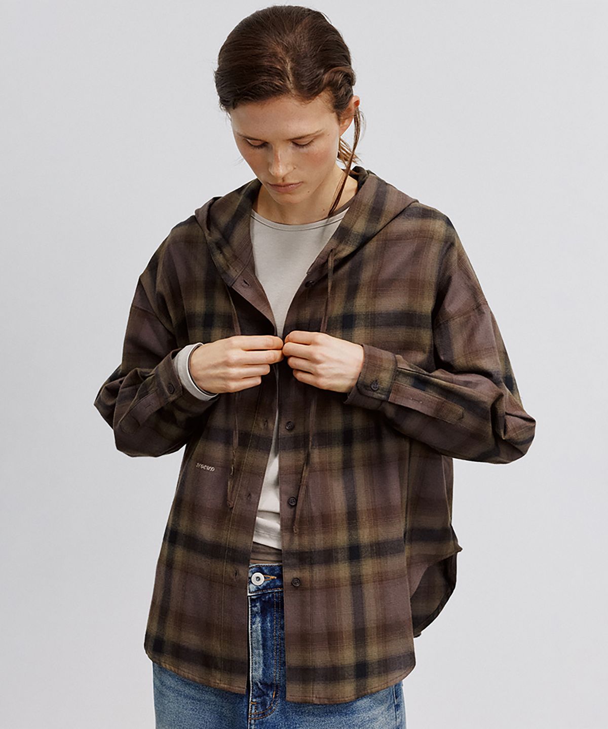 노우드(NOEUD) SH008 Blur Check Hooded Shirt (Brown)