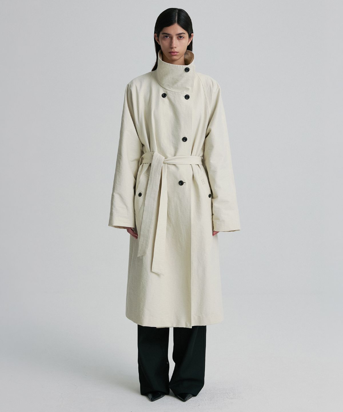 리이(RE RHEE) FUNNEL NECK BELTED TRENCH COAT VANILLA