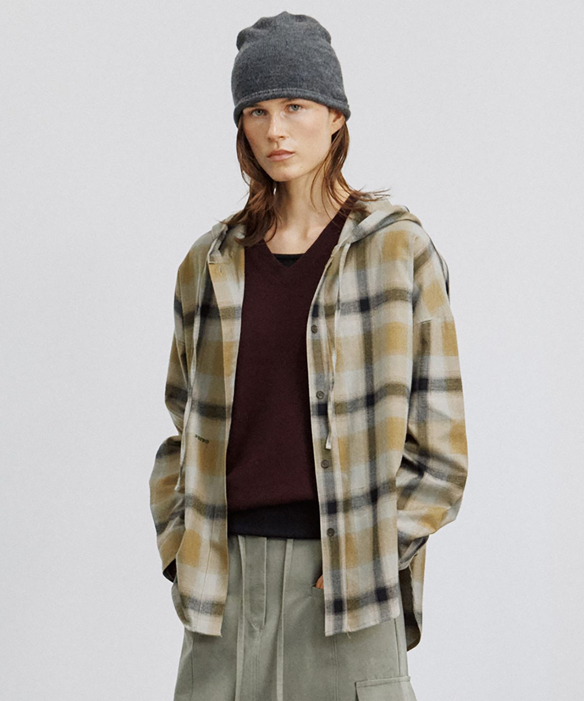 노우드(NOEUD) H008 Blur Check Hooded Shirt (Khaki)