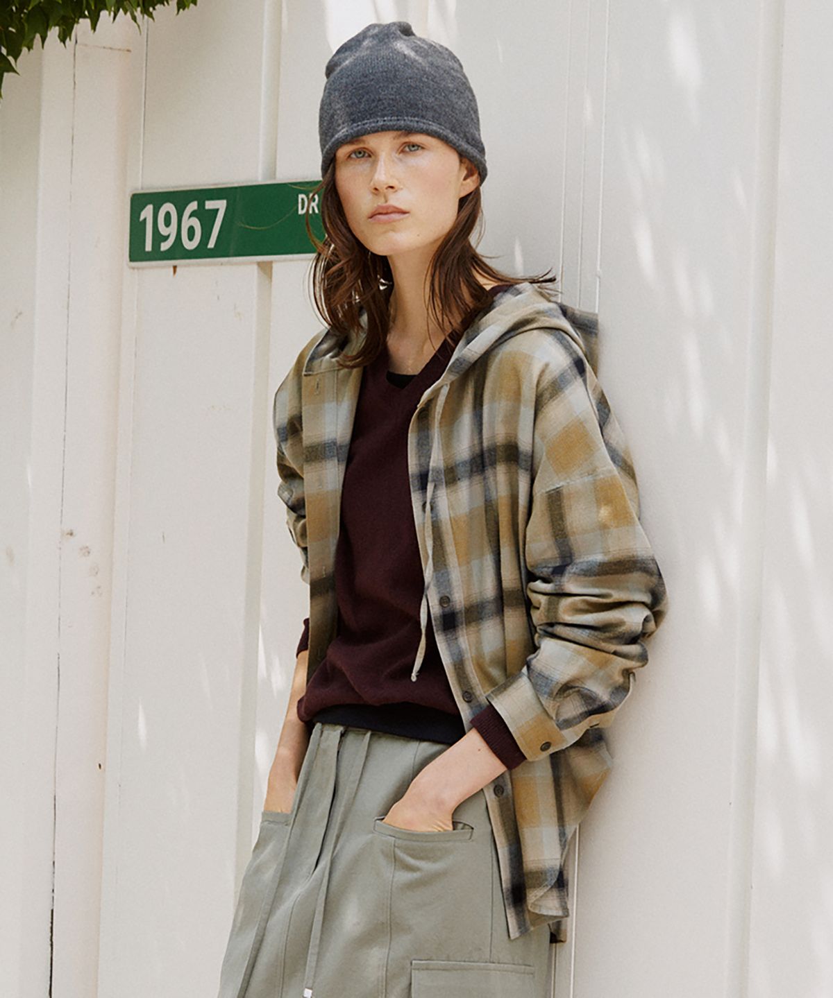 노우드(NOEUD) H008 Blur Check Hooded Shirt (Khaki)