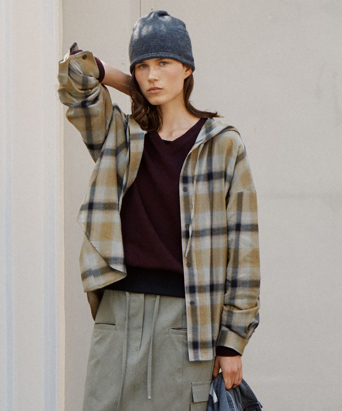 노우드(NOEUD) H008 Blur Check Hooded Shirt (Khaki)