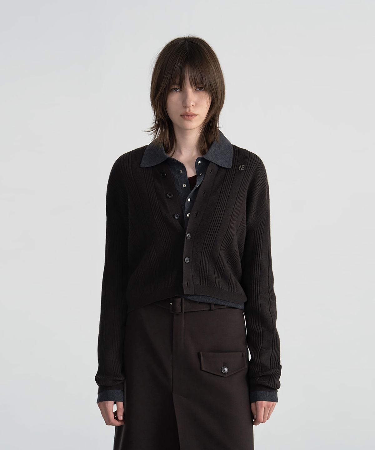 노이스(NOICE) (UNI) MERINO WOOL RIBBED CARDIGAN - BROWN