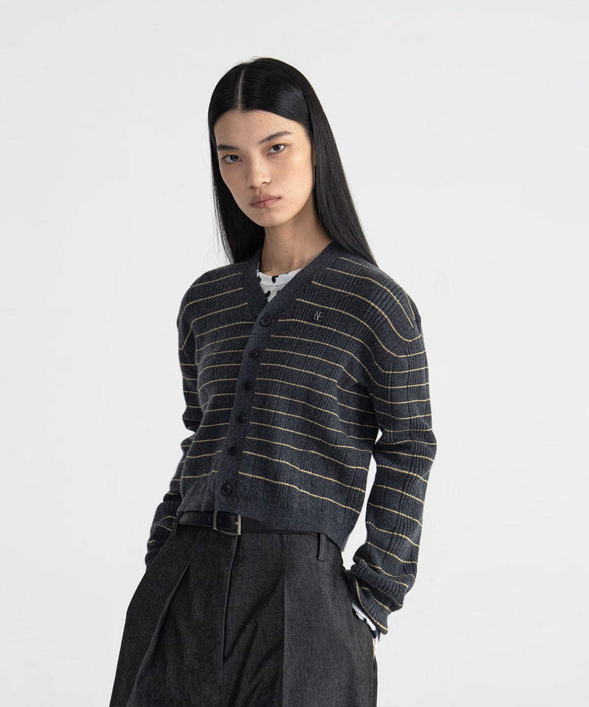 노이스(NOICE) (UNI) MERINO WOOL RIBBED CARDIGAN - CHARCOAL