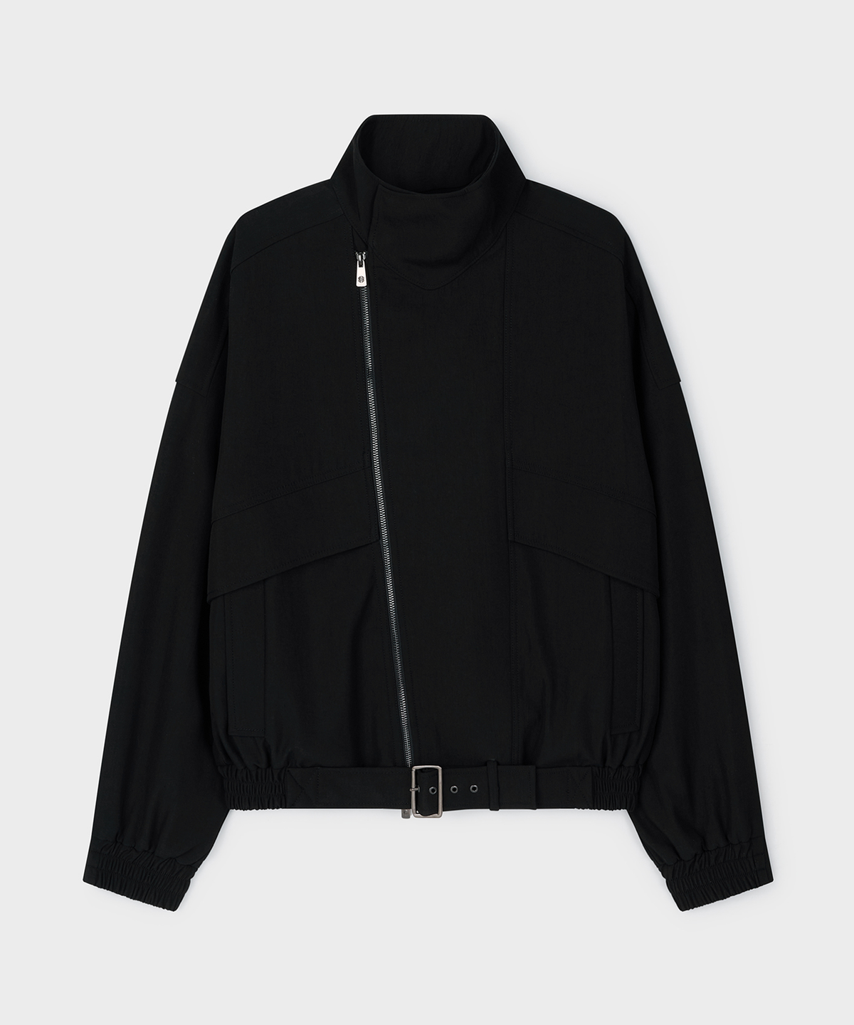 언지미크(UNGIMMICK) ASYMMETRIC BELTED JACKET (BLACK)