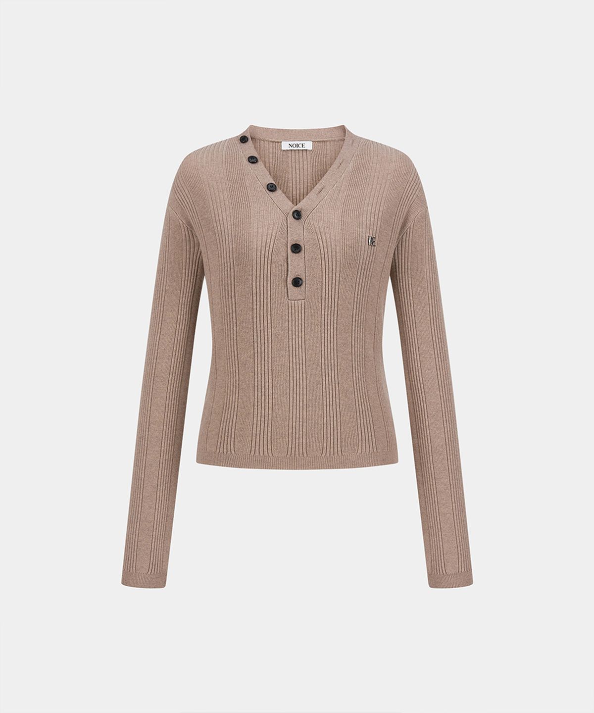 노이스(NOICE) (UNI) MERINO WOOL V-NECK RIBBED KNIT TOP - BEIGE