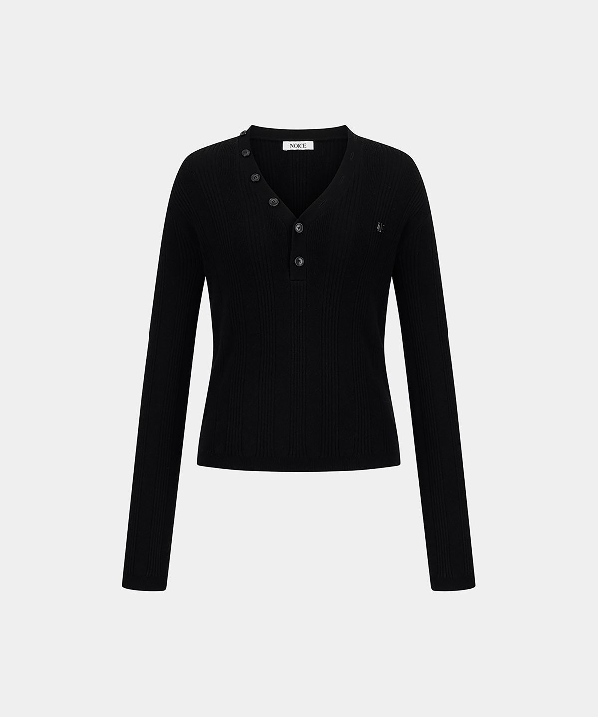 노이스(NOICE) (UNI) MERINO WOOL V-NECK RIBBED KNIT TOP - BLACK