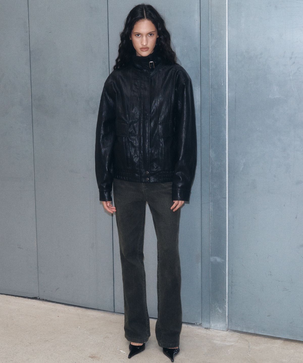 긴스키(GINSUKI) [긴스키 X 물바다]HIGH-NECK LEATHER BLOUSON JACKET (BLACK)