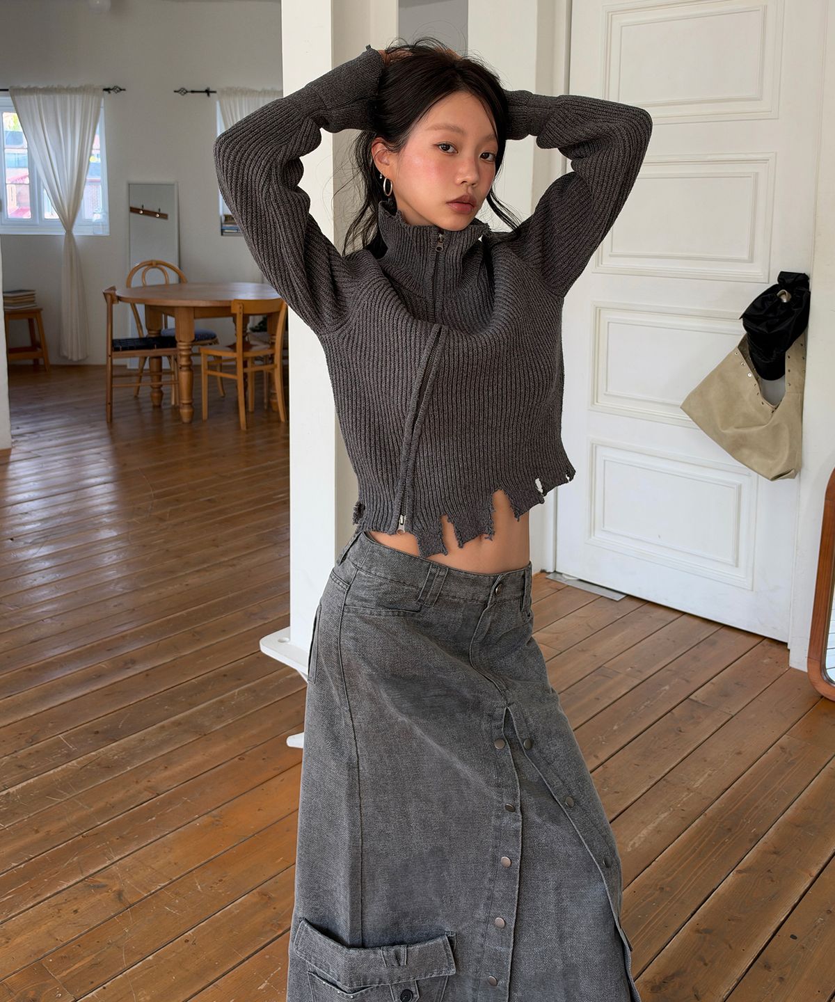 긴스키(GINSUKI) [긴스키 X 물바다]MULTI  POCKET MAXI T SLIT SKIRT (GREY)