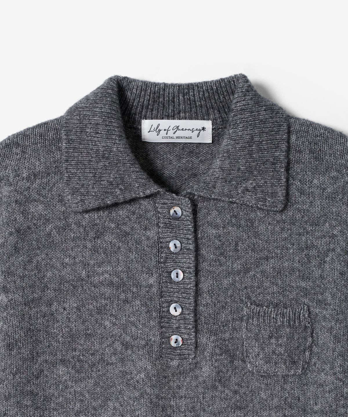 건지 울른스(Guernsey Woollens) [릴리 오브 건지] 알파카 블렌드 카라 포켓 니트 - 그레이