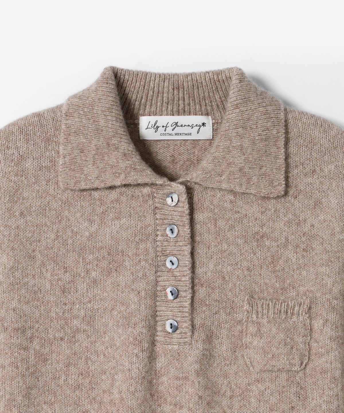 건지 울른스(Guernsey Woollens) [릴리 오브 건지] 알파카 블렌드 카라 포켓 니트 - 브라운