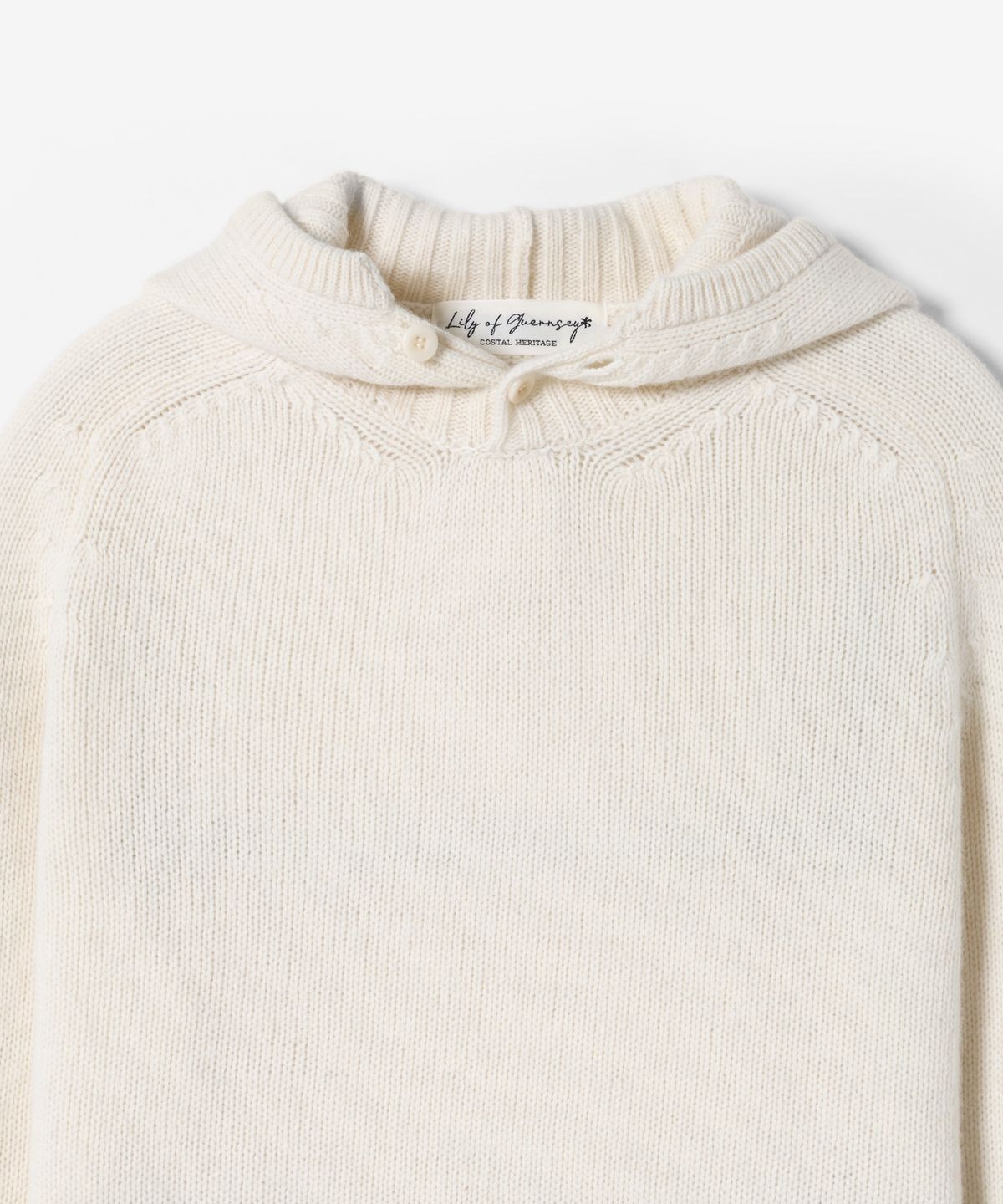 건지 울른스(Guernsey Woollens) [릴리 오브 건지] 에어울 후드 버튼넥 니트 - 아이보리