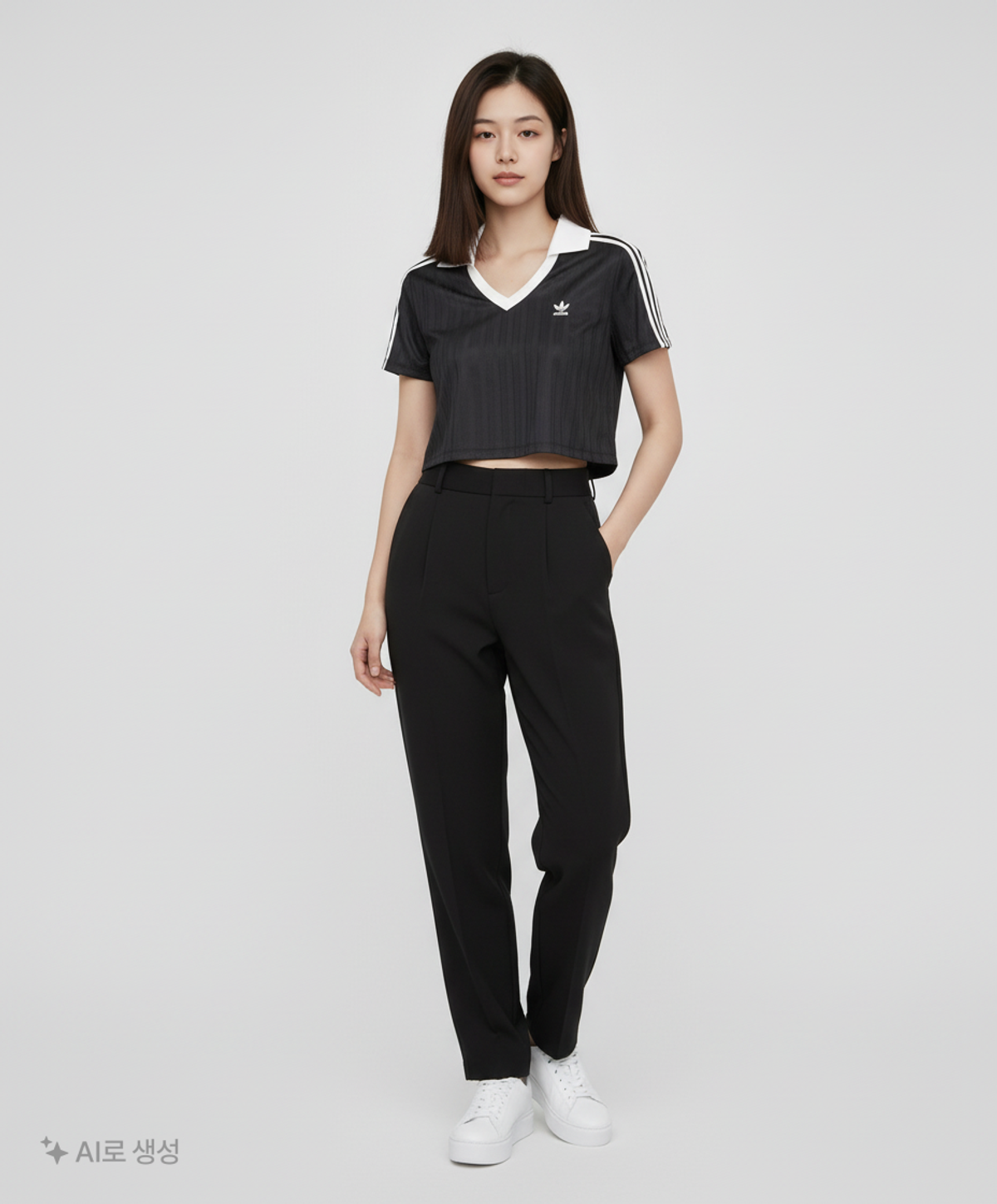 아디다스(ADIDAS) 풋볼 자카드 브이넥 크롭 폴로 셔츠 - 블랙 / JD2606 M