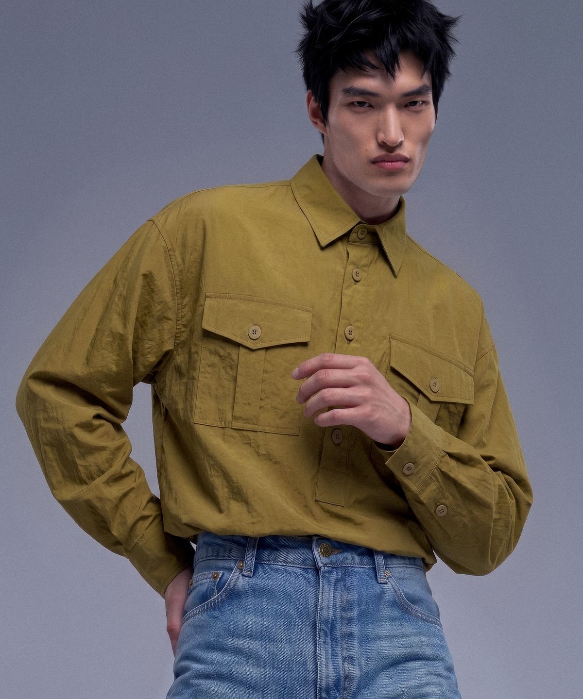 언티지(UNTAGE) 투포켓 헨리 셔츠[Mustard(UNISEX)]_UTS-SS86