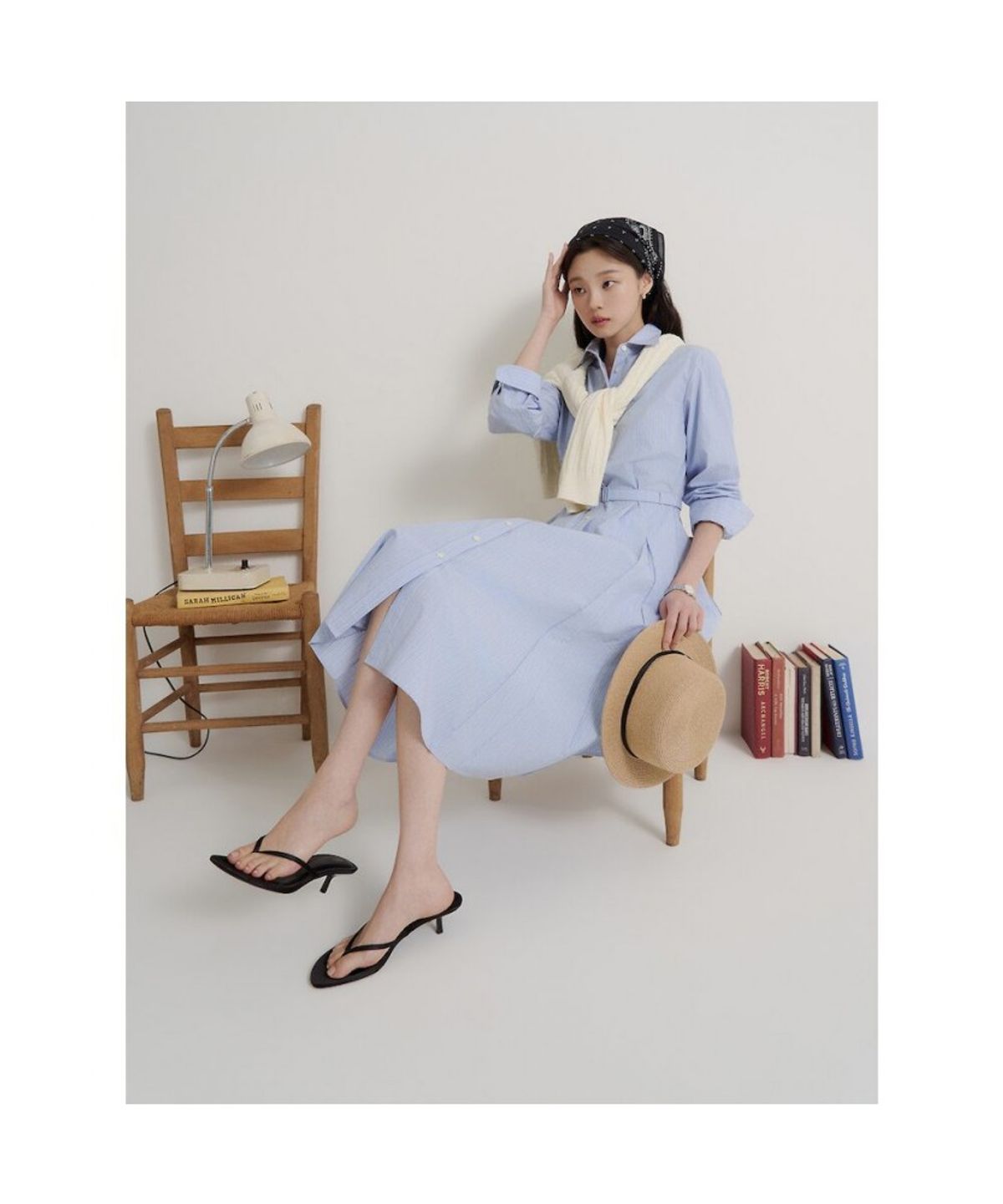 빈폴 레이디스(BEANPOLE LADIES) 코튼 스트라이프 핏 앤 플레어 원피스  스카이 블루 (BF6871C21Q)