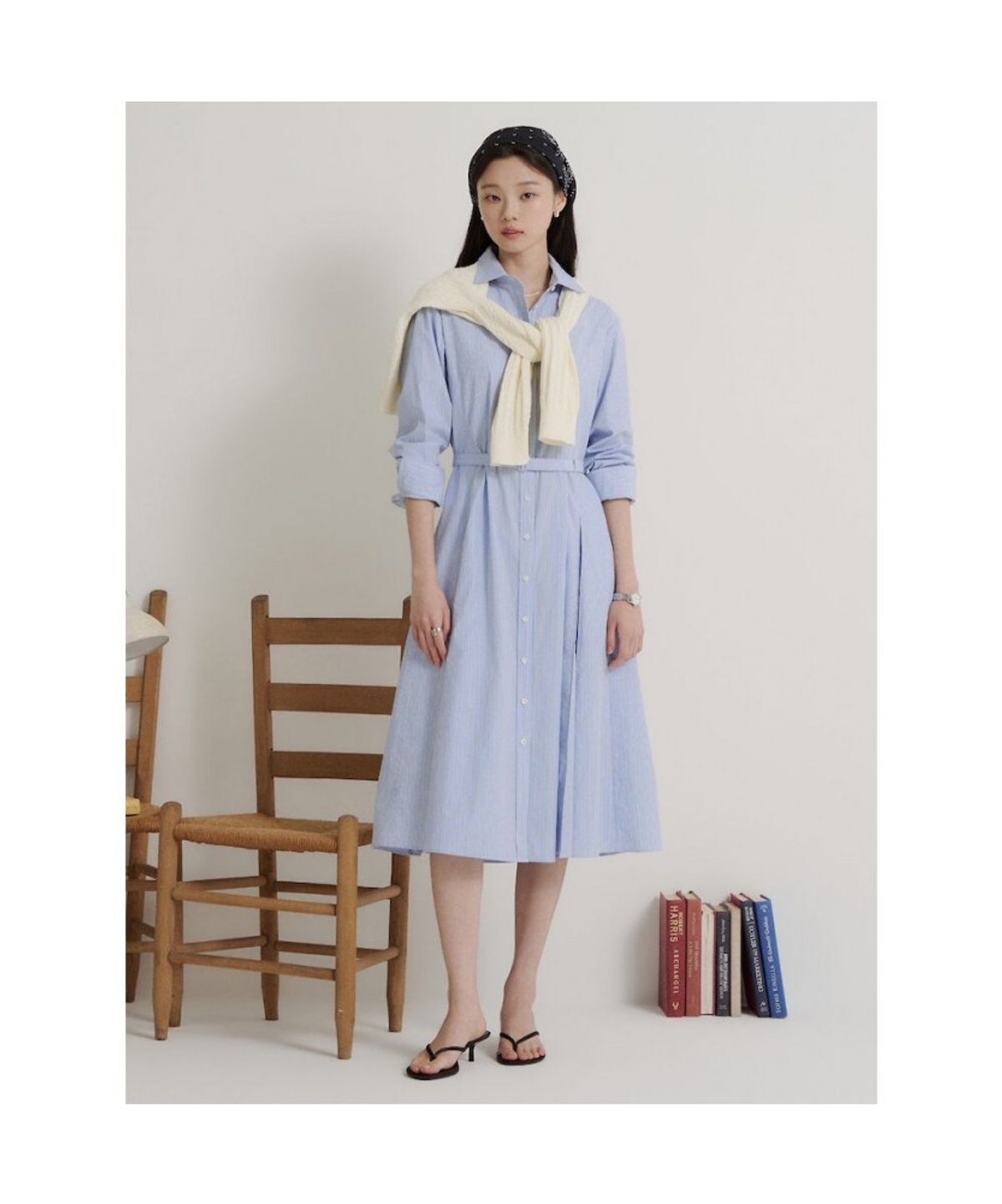 빈폴 레이디스(BEANPOLE LADIES) 코튼 스트라이프 핏 앤 플레어 원피스  스카이 블루 (BF6871C21Q)