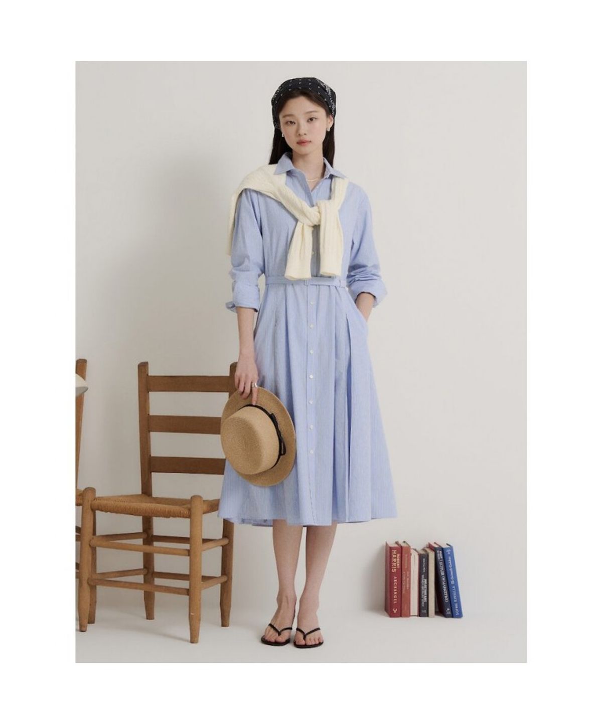 빈폴 레이디스(BEANPOLE LADIES) 코튼 스트라이프 핏 앤 플레어 원피스  스카이 블루 (BF6871C21Q)