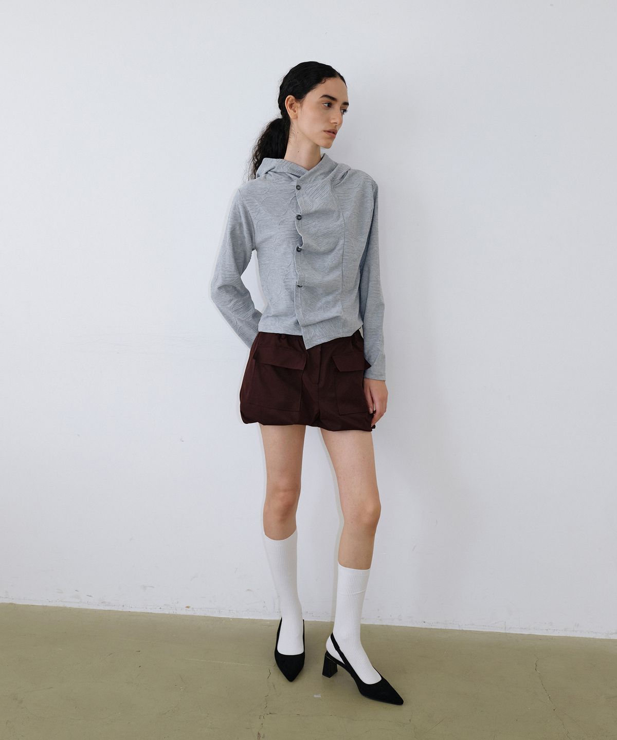 우네씬(UUNE SCENE) Dot Jacquard Hooded Cardigan_Melange Grey