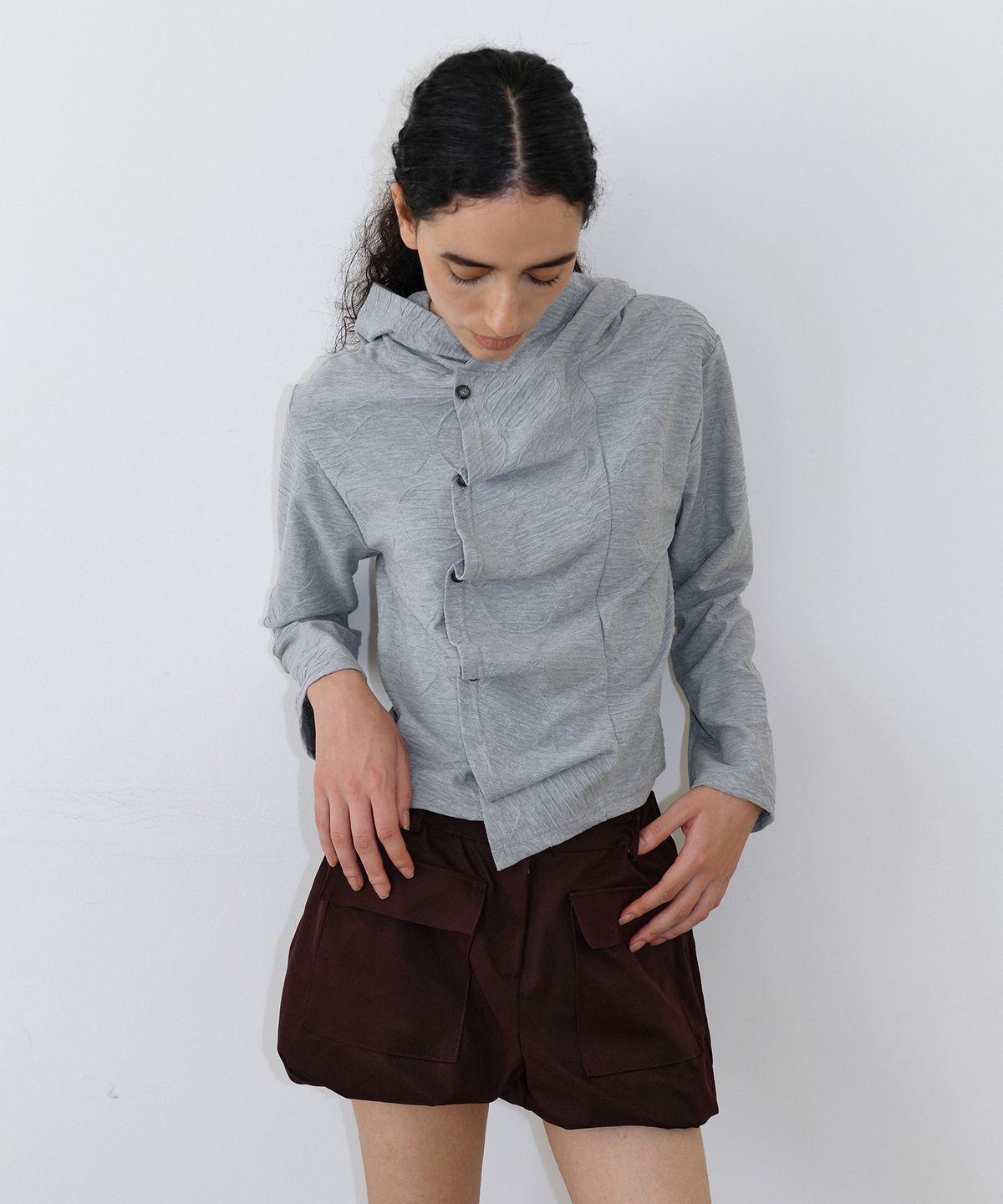 우네씬(UUNE SCENE) Dot Jacquard Hooded Cardigan_Melange Grey