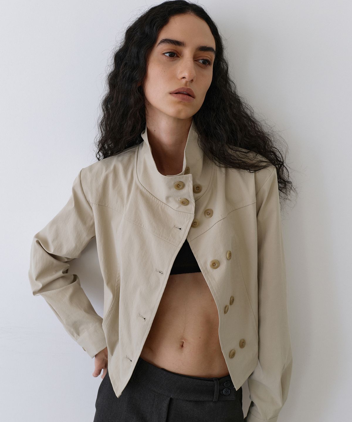 우네씬(UUNE SCENE) High Neck Button Jacket_Beige
