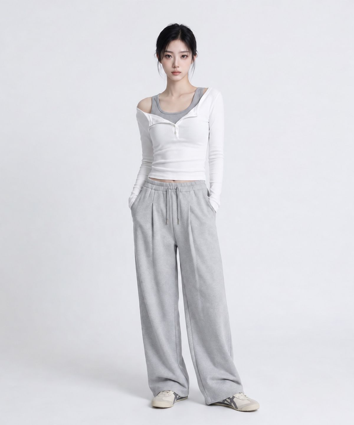 메종니아트(MAISON DE NEART) [남녀공용] 원턱 와이드 밴딩 스웻 팬츠 (2Colors)