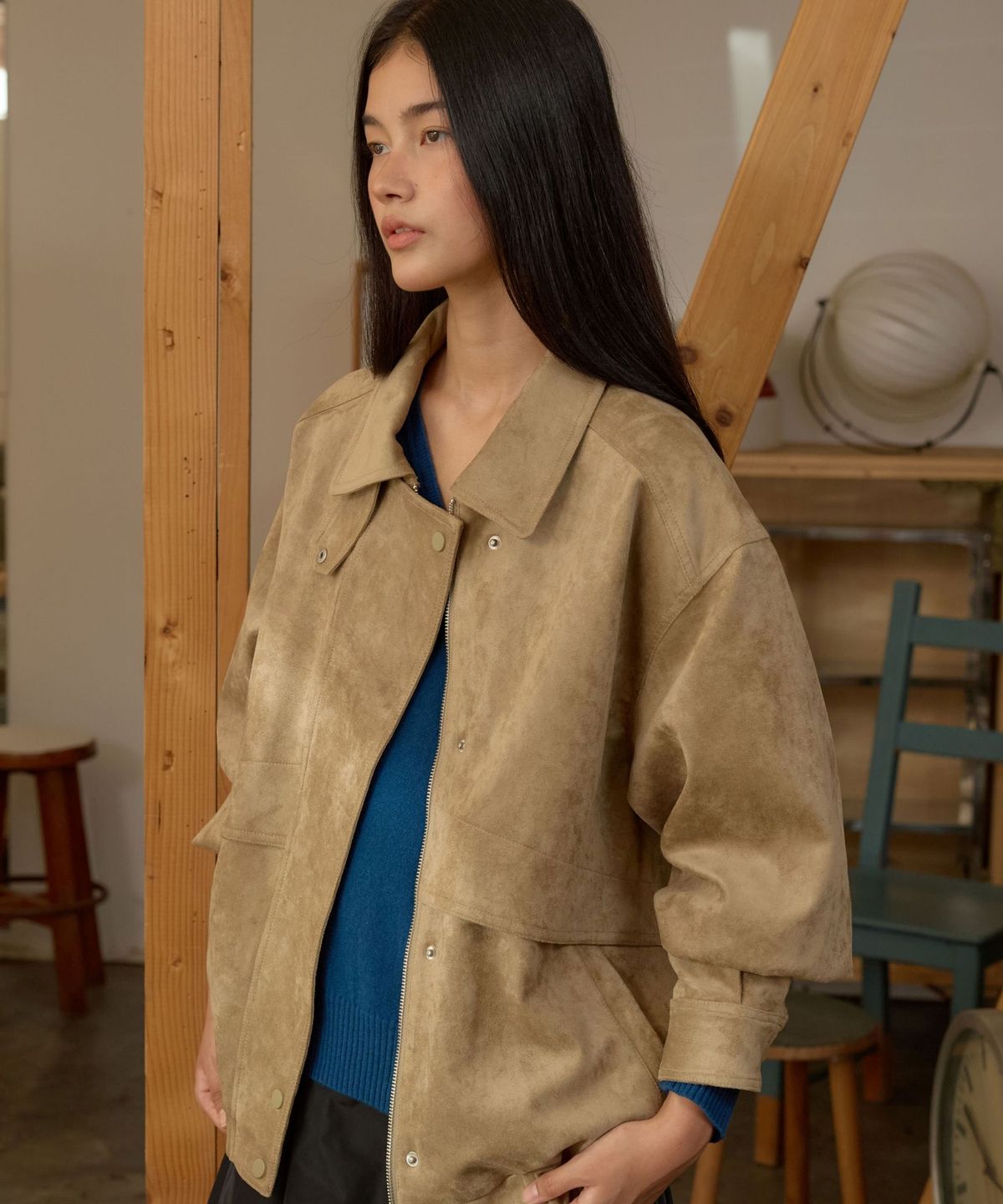 뮈뮈에르(MUEMUER) Faux Leather Blouson Jumper MU2678JP801M_BEIGE