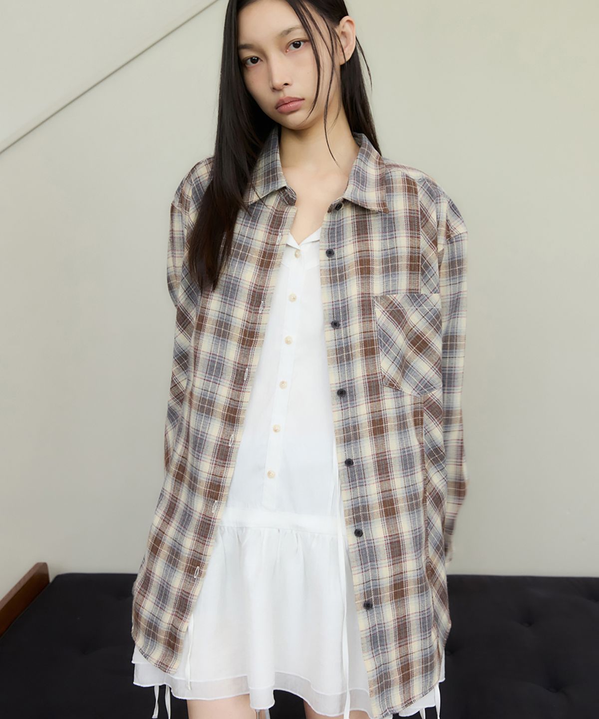 렌세(RENSE) Vintage Oversized Check Shirt Brown