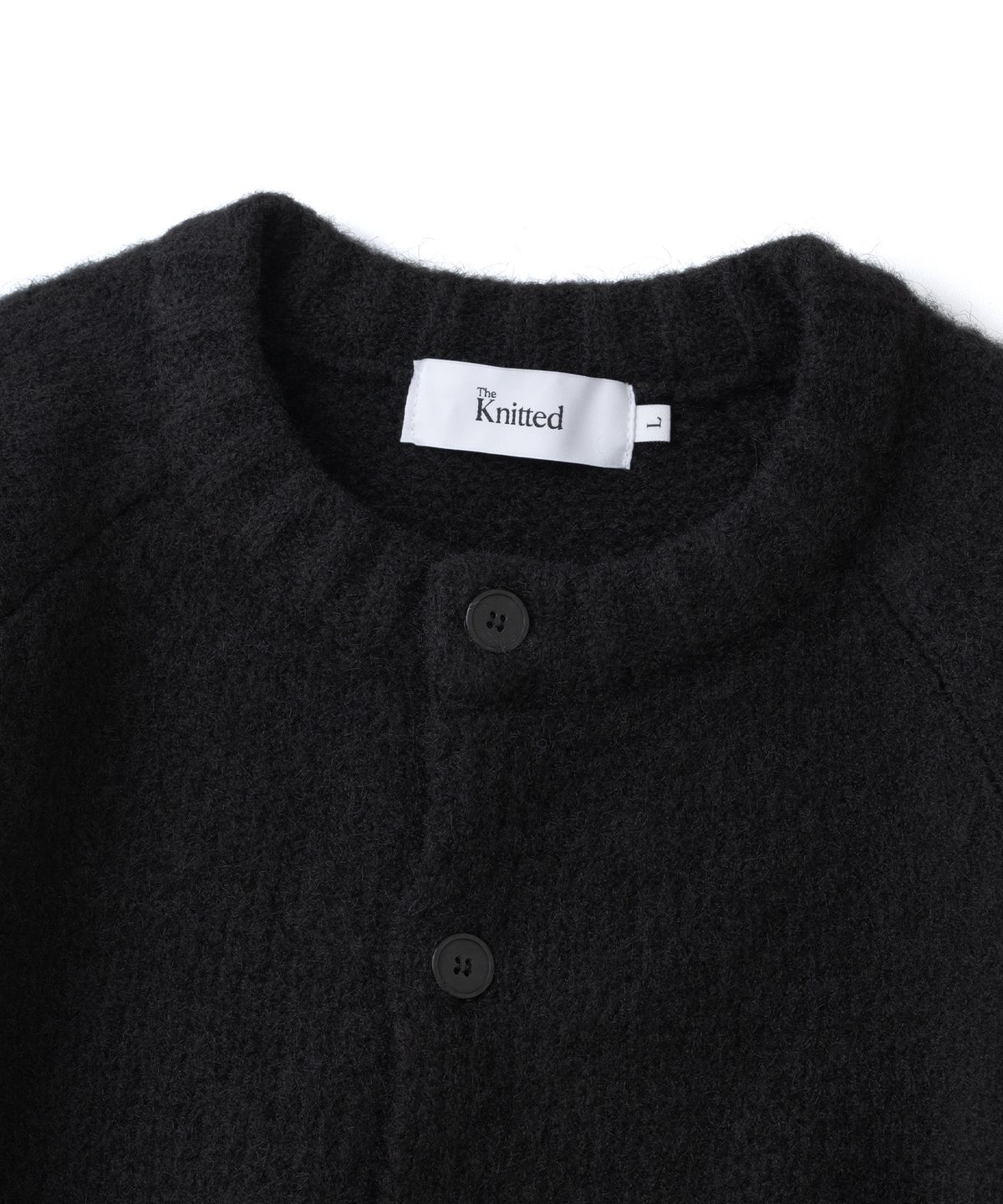 니티드(KNITTED) 부클 래글런 포켓 크롭 라운드 가디건 BLACK