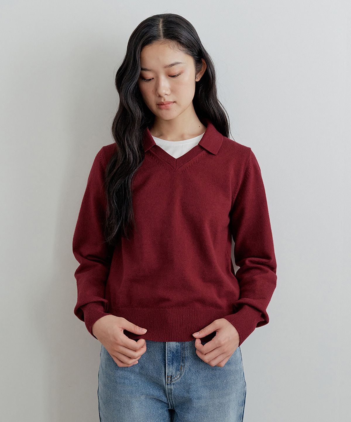 비올셋(BE ALL SET) Open Collar V-Neck Knit_Burgundy