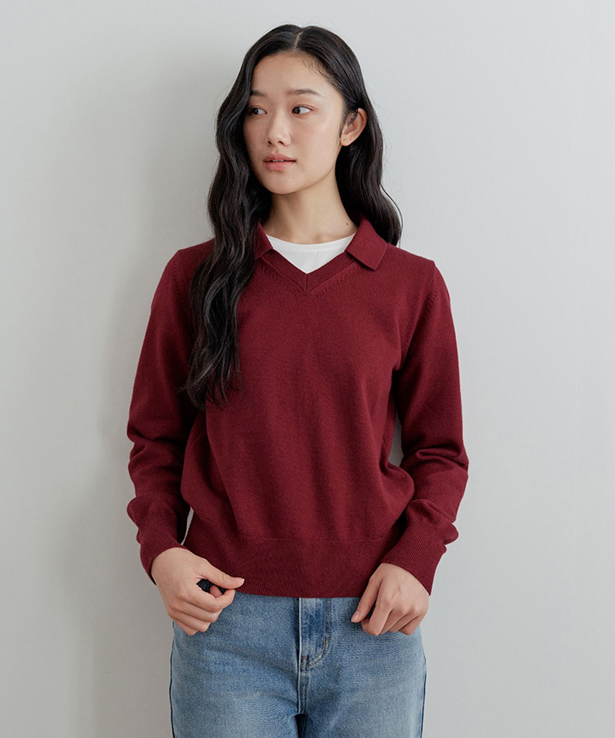 비올셋(BE ALL SET) Open Collar V-Neck Knit_Burgundy