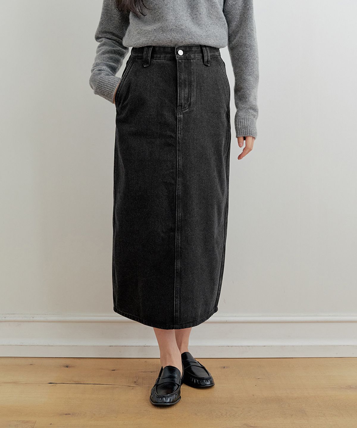 비올셋(BE ALL SET) Stitch Point Denim Long Skirt_Black