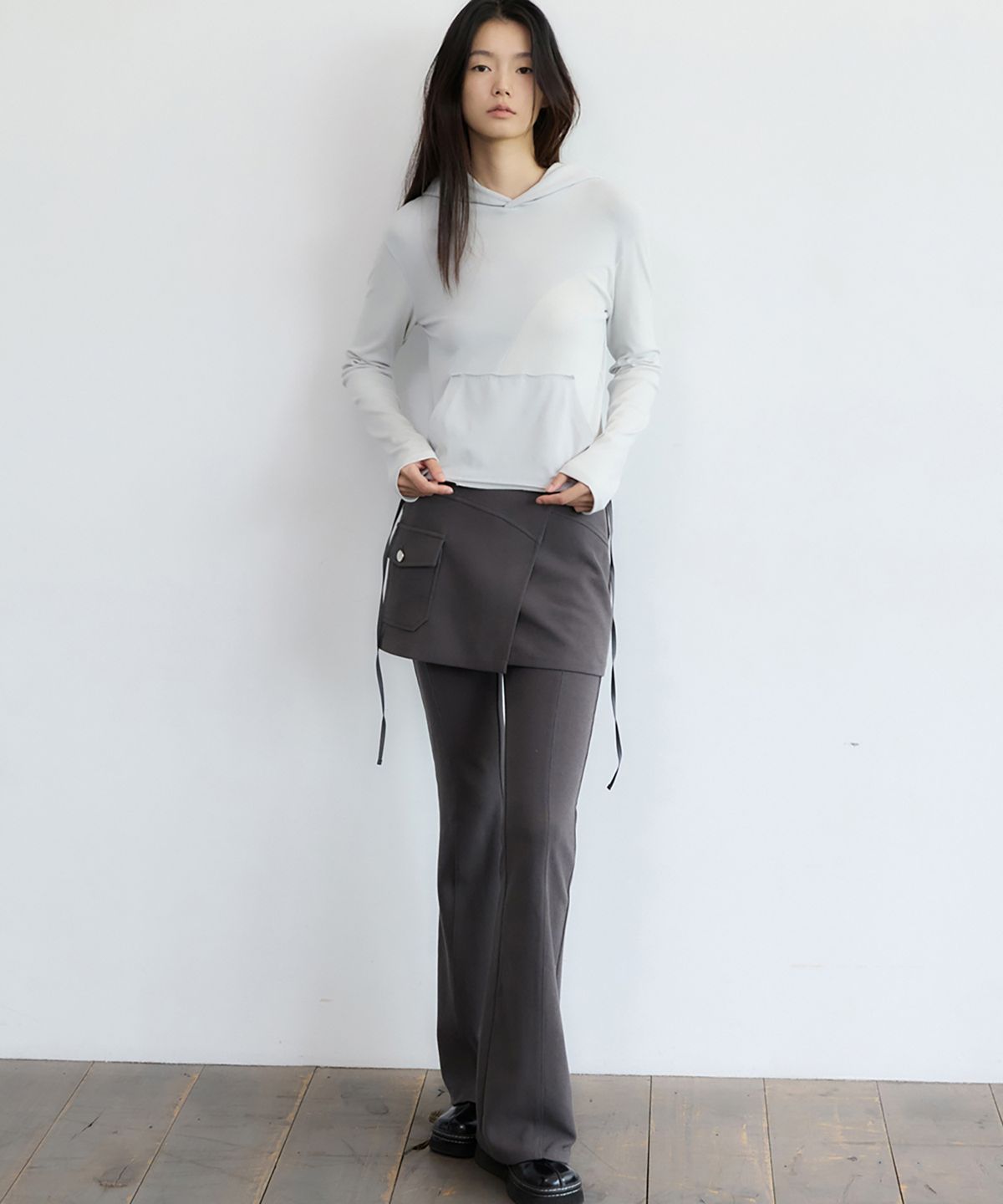 렌세(RENSE) Cropped Ribbed Hoodie Light Gray