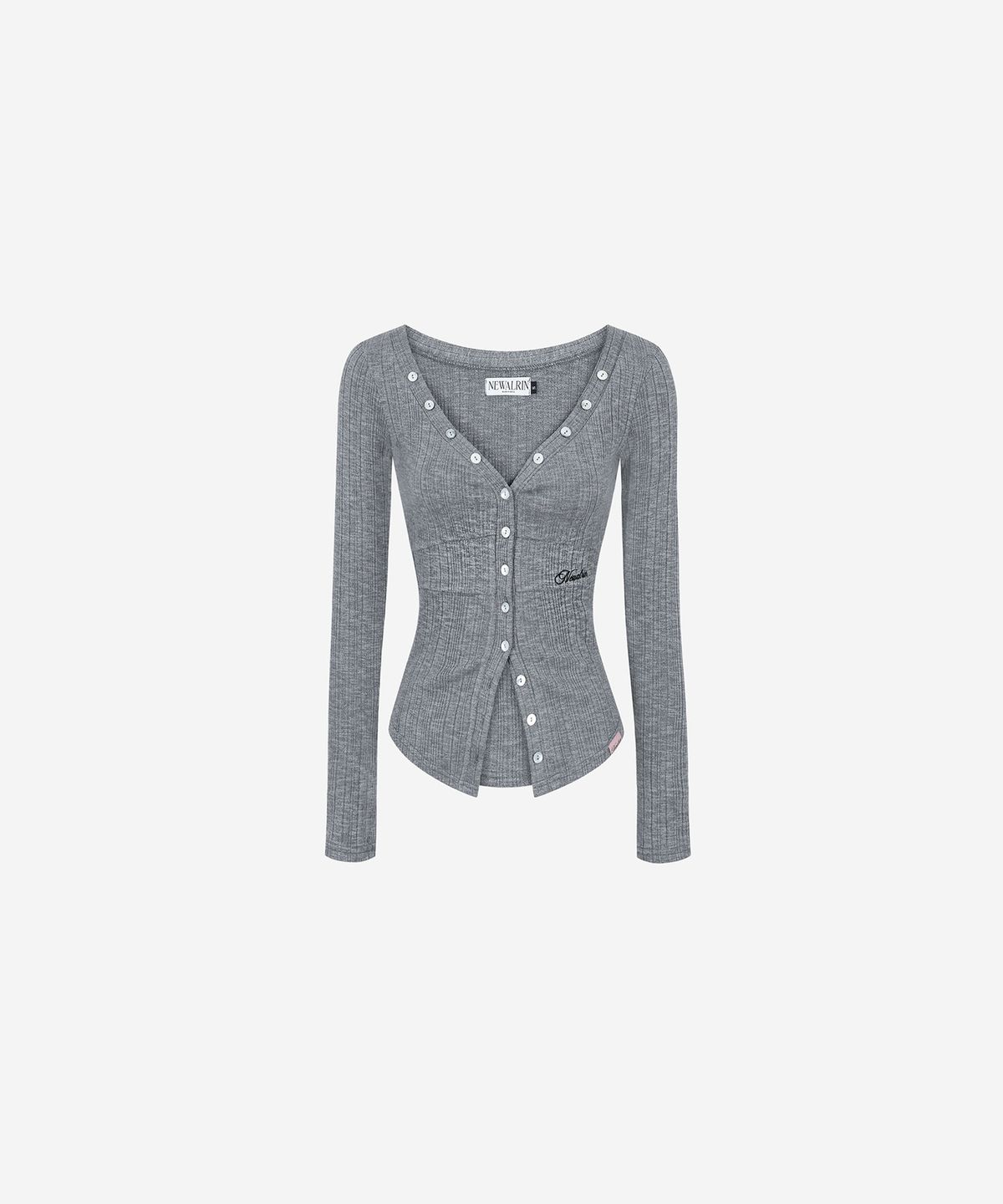 뉴얼린(NEWALRIN) Ria Neck Button Knit Top Melange Gray
