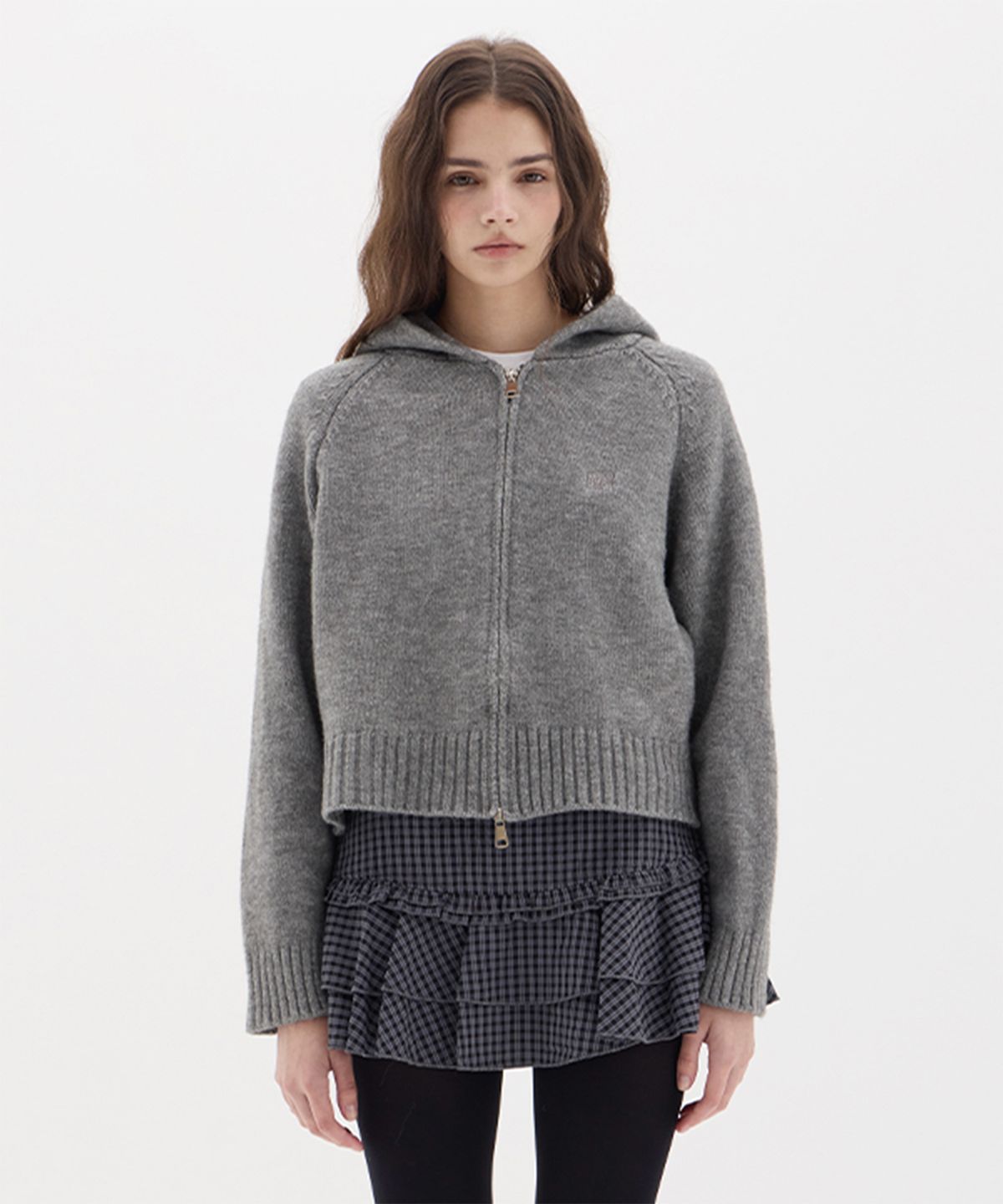 댕글드랍(DANGLEDROP) DGDP 스퀘어 자수 니트 후드 집업_그레이