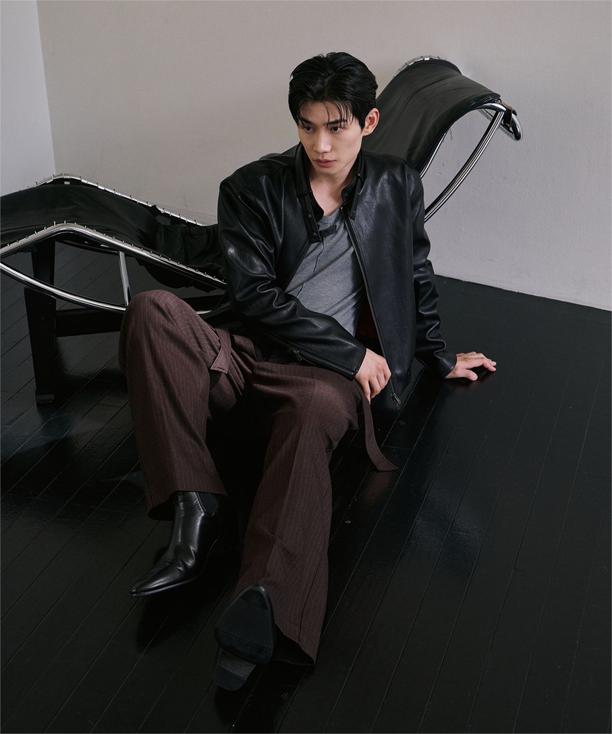 로랑서울(LAURANTSEOUL) Belted two tuck stripe wide slacks(Brownlstripe)