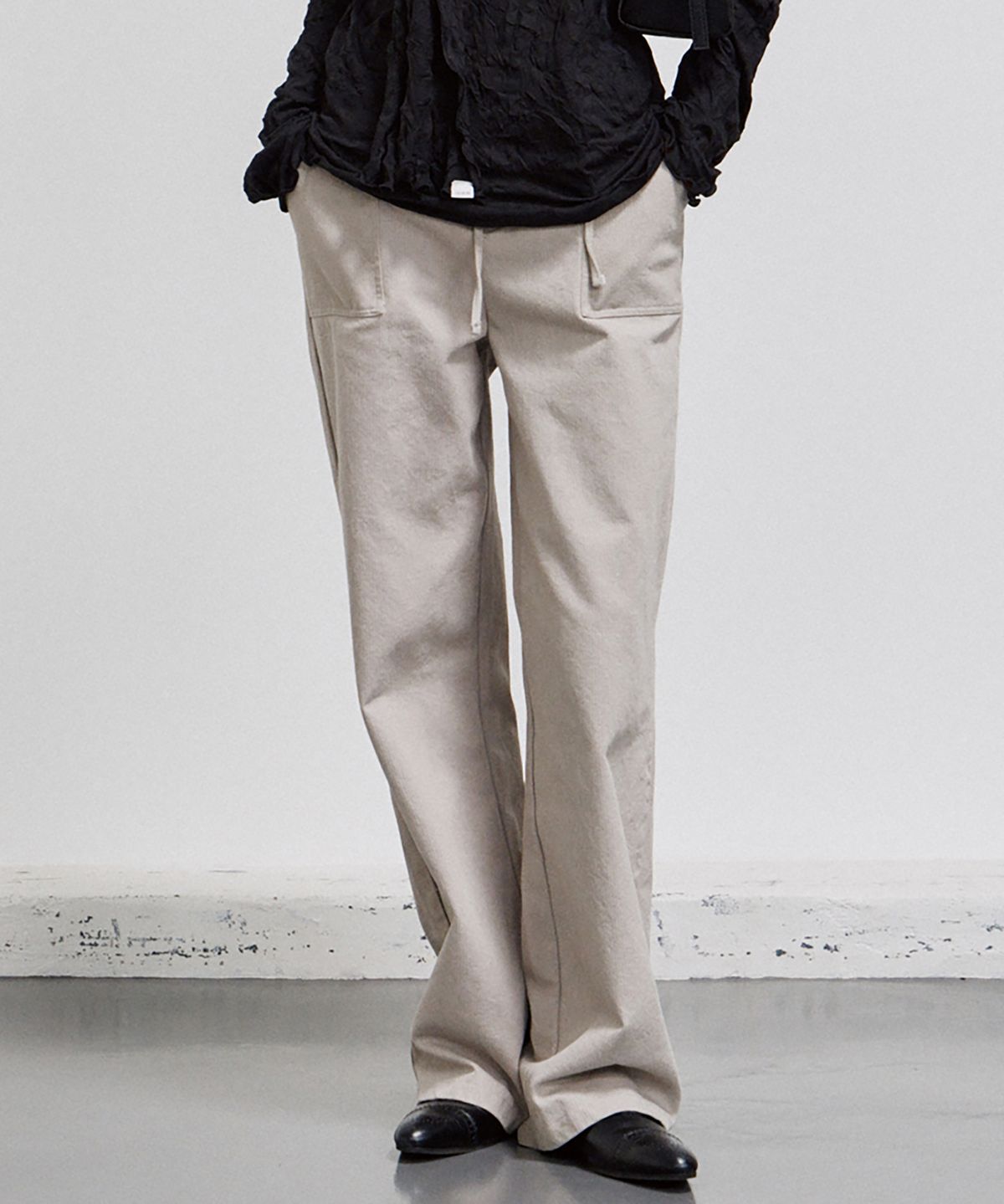 노우드(NOEUD) PT015 Embossed String Wide Pants (Beige)