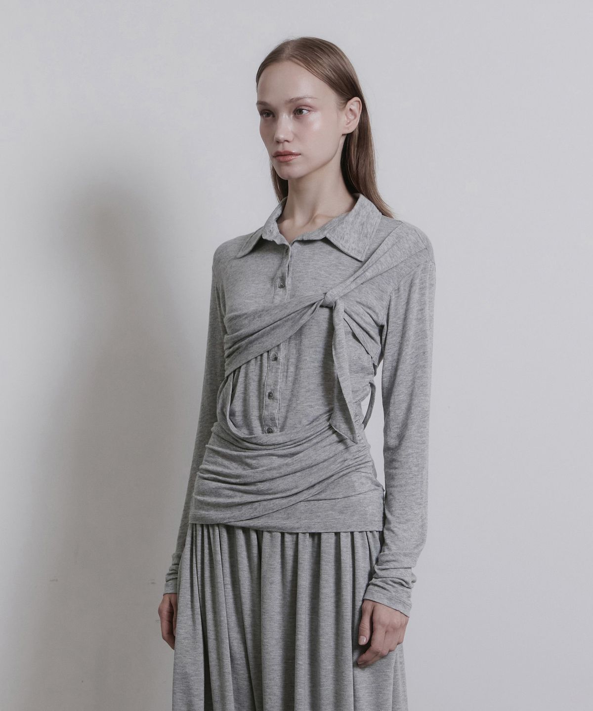 진주유즈(JINJUSE) KNOT VEIL TOP [MELANGE GRAY]