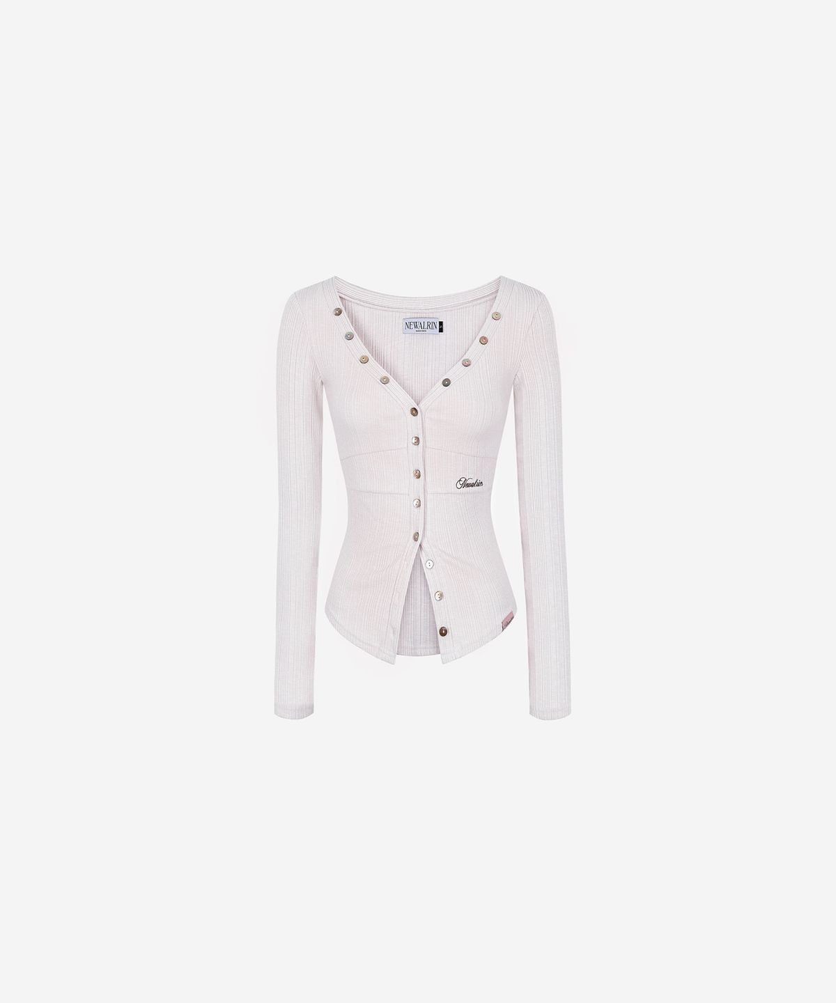 뉴얼린(NEWALRIN) Ria Neck Button Knit Top Melange Light Pink