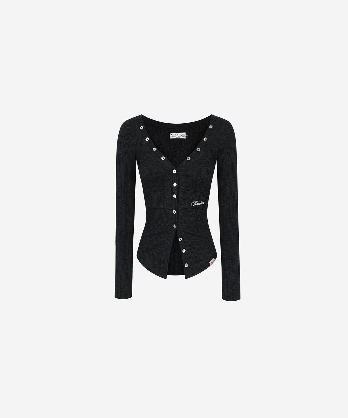 뉴얼린(NEWALRIN) Ria Neck Button Knit Top Melange Black