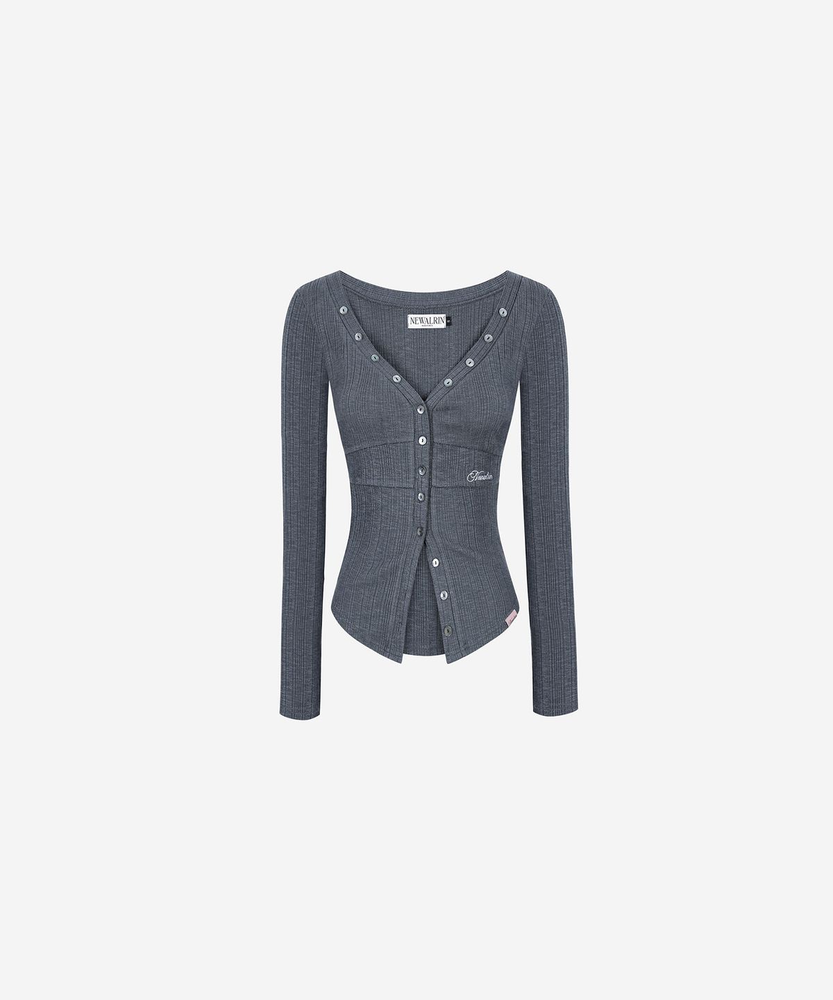 뉴얼린(NEWALRIN) Ria Neck Button Knit Top Melange Charcoal
