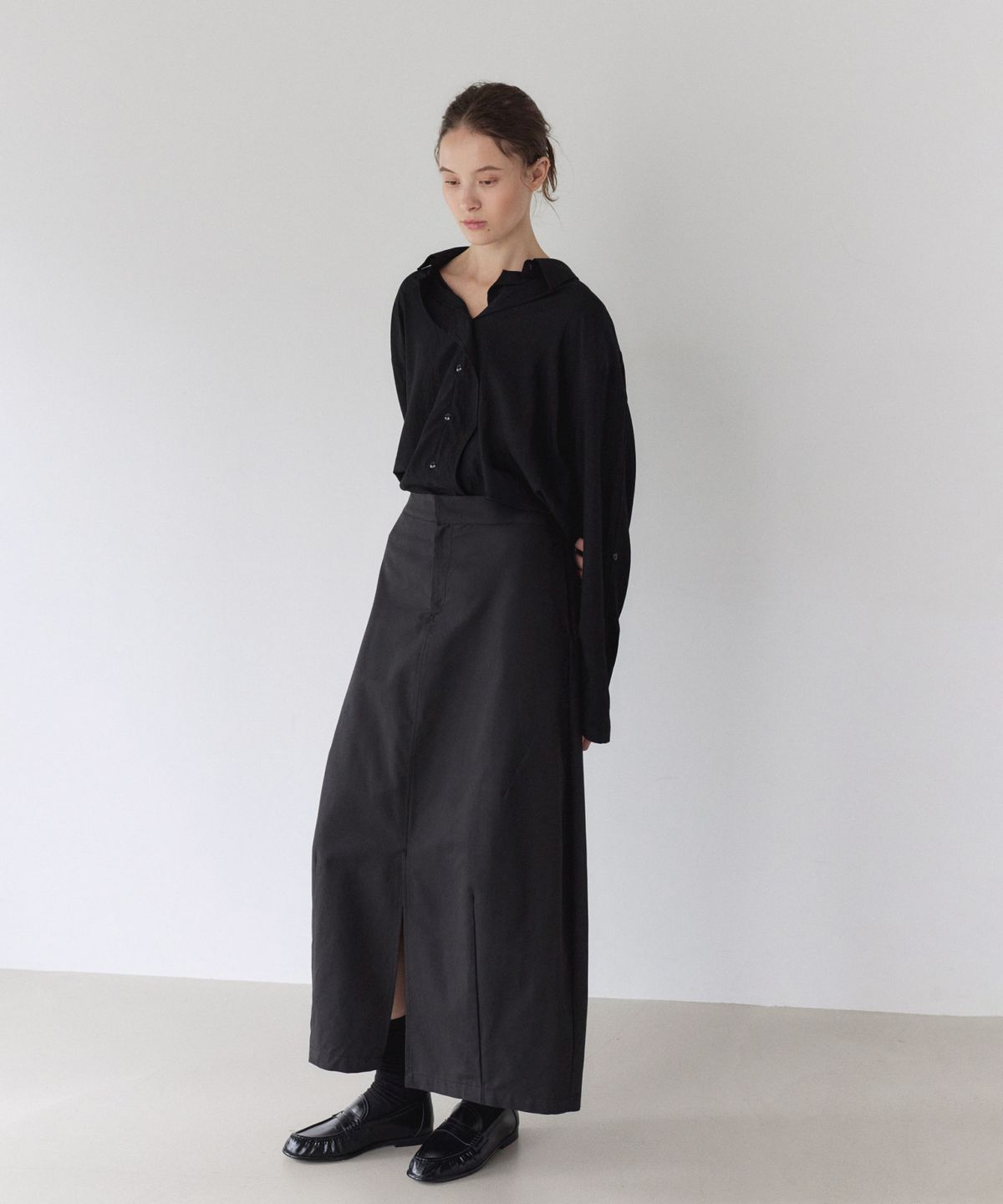 이어닝(YEARNING) VOLUME COTTON LONG SKIRT, BLACK