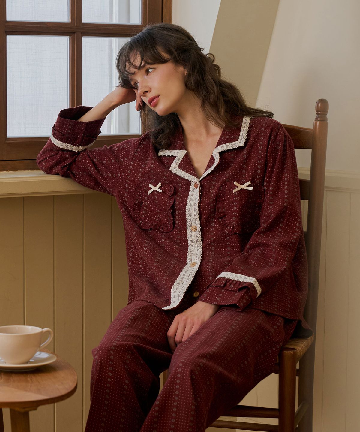 울랄라파자마(ULLALA PAJAMAS) 네쥬 긴팔 여성페어 와인 (21수)