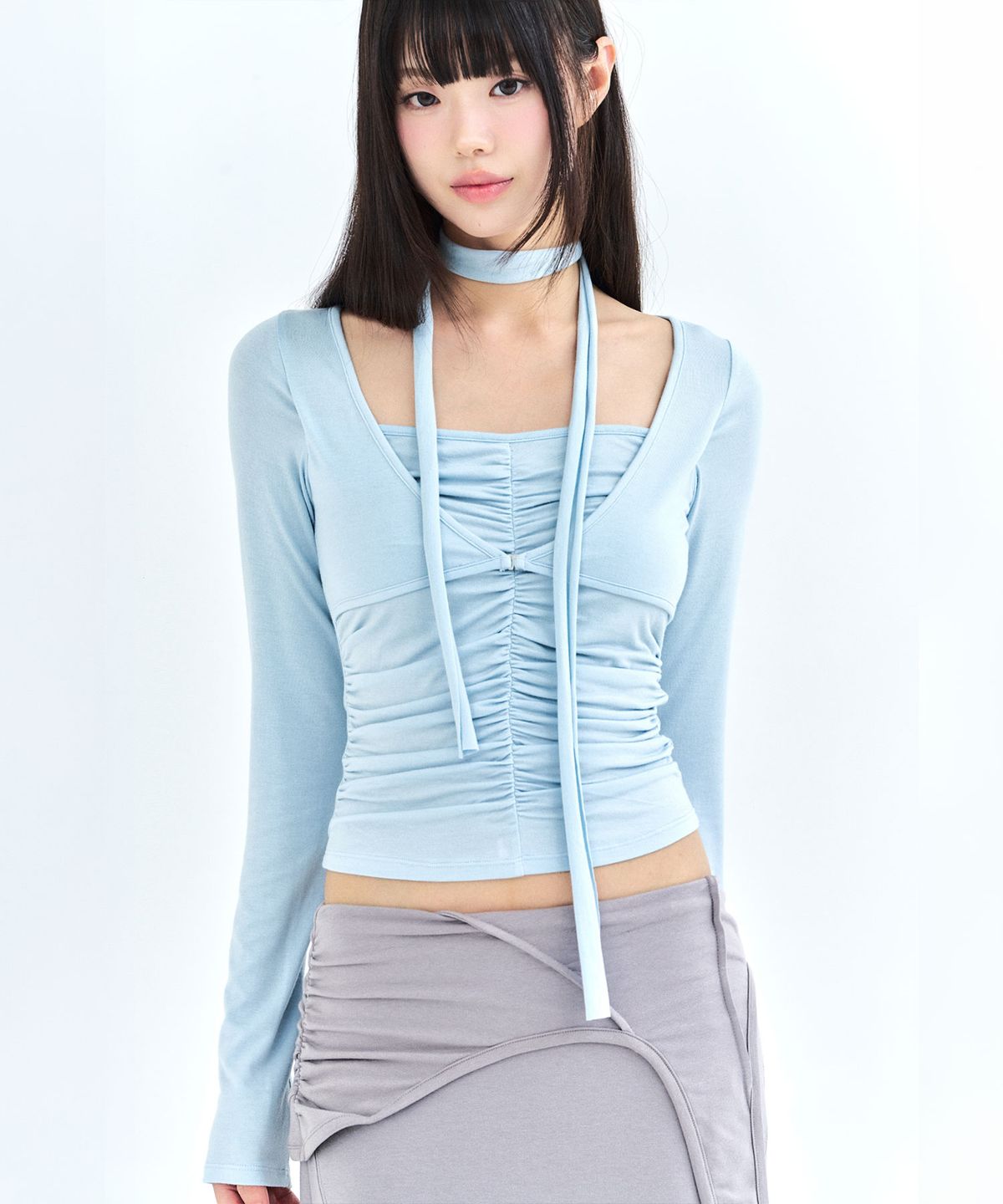 리메크(LIEMÉQUE) 볼레로 스카프 셔링 롱슬리브 블루