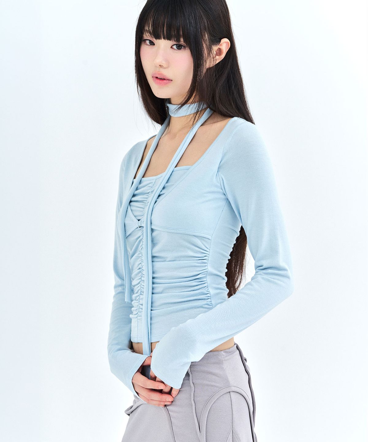리메크(LIEMÉQUE) 볼레로 스카프 셔링 롱슬리브 블루