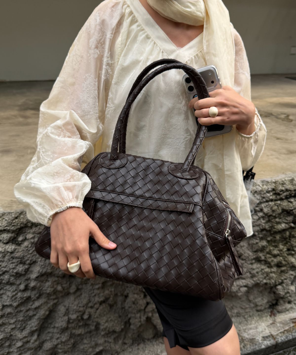 크리스틴프로젝트(CHRISTINE PROJECT) TWO ZIPPER BAG WEAVING ORIGINAL(CHOCO BROWN)